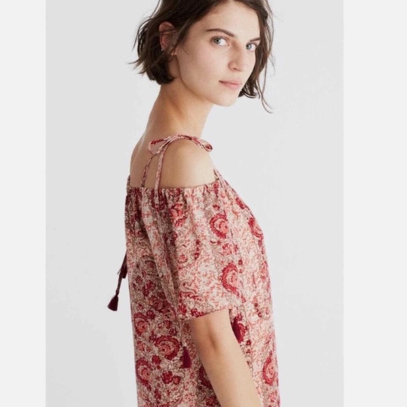Madewell NWT Watercolor Paisley Silk Cold Shoulder Tie Shoulder Dress SZ M - Picture 4 of 15